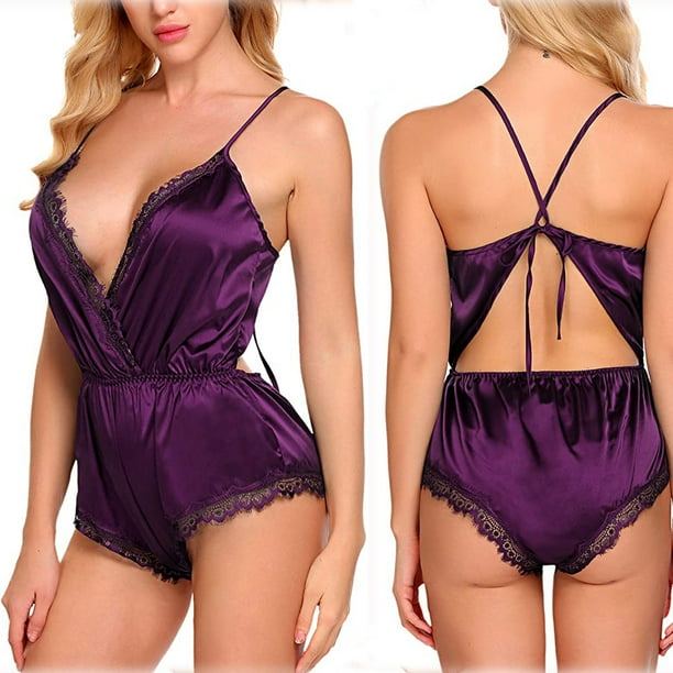Plus Size Lingerie for Women Bodysuit V Neck Teddy Lace Babydoll Satin Pajamas Nightwear Plus Size Lingerie for Women Bodysuit V Neck Teddy Lace Babydoll Satin Pajamas Nightwear